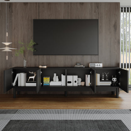 Modern Curved Wave Door TV Stand with Sturdy Metal Frame & Storage Shelves - Black Entertainment Center with TV Bracket, Space-Saving Design for Living Room, No Assembly Required (Non-Wood Material), Media Console, Contempora