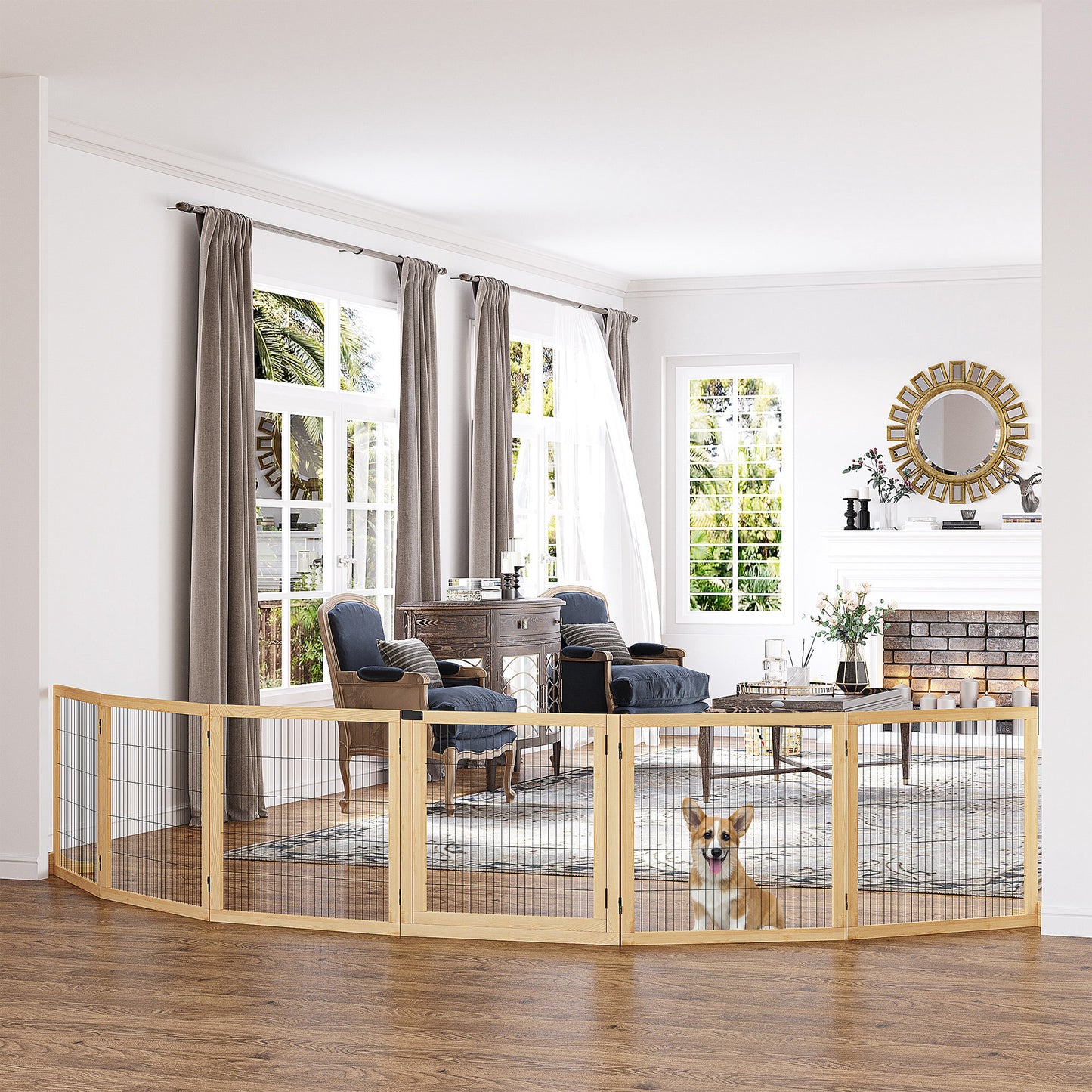 Hondenhek – Hondenbarrière – Puppyren – Traphek – Huisdierafscheiding – Inklapbaar – 432 x 36 x 70 cm – Dennehout met Stalen Steunpoten