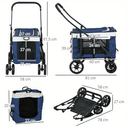 Hondenbuggy – Hondenwagen – Wandelwagen – Draagmand – Huisdierenbuggy – 2-in-1 Functie – Lichtgewicht & Opvouwbaar – Blauw – Voor Kleine Honden
