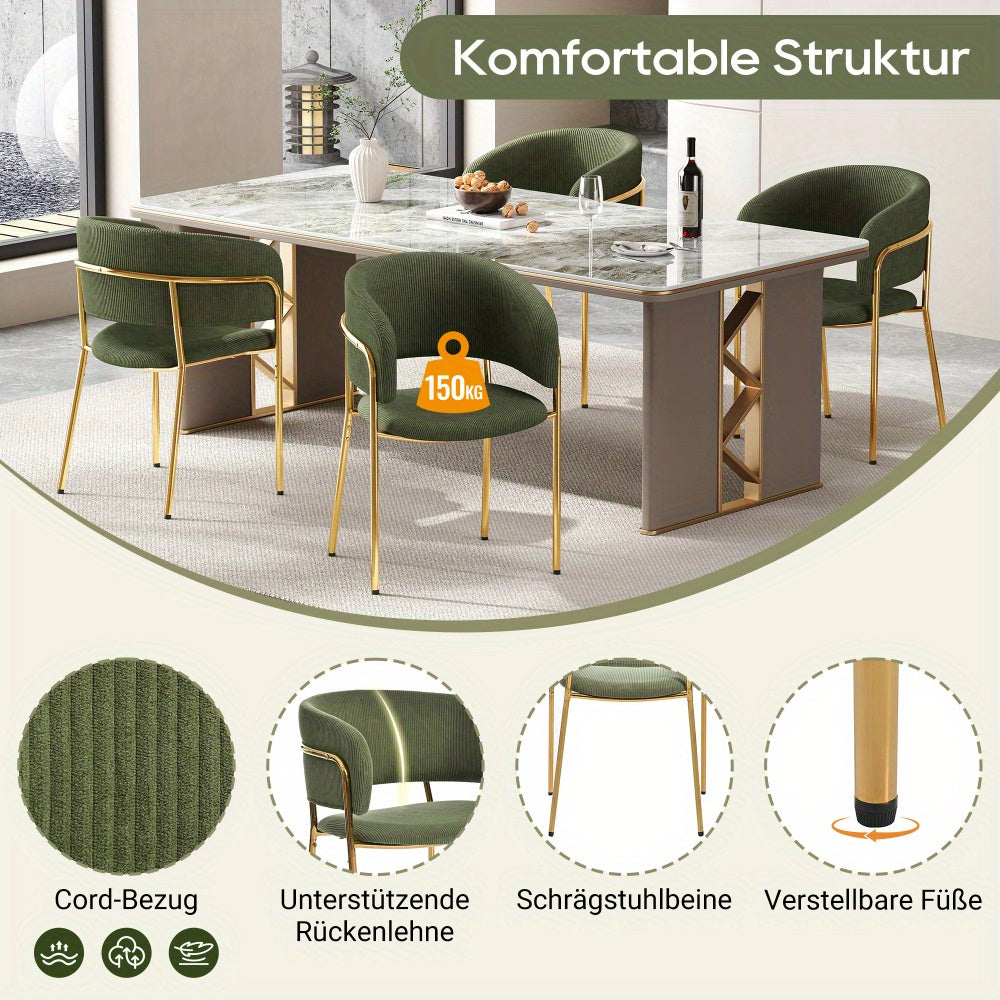 Eetkamerstoelen – Stoelen – Kuipstoelen – Eettafelstoelen – Woonkamerstoelen – Set van 4 – Groen Corduroy Stof – Schuine Metalen Poten Met Verstelbare Voetjes
