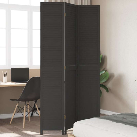 Room Divider with 3 Panels Made of Solid Black Paulownia Wood
