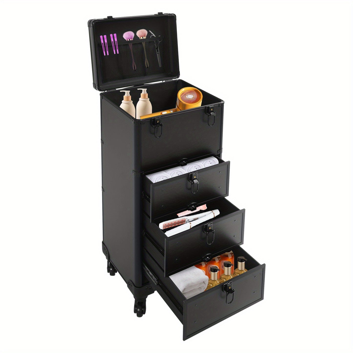 Make-up Koffer – Make-up Organizer – Beautycase – Cosmetica Koffer – Visagiekoffer – Grote Capaciteit – Duurzaam Aluminium Alloy – Met Slot – Mobiel met Wieltjes – Zwart Glanzend