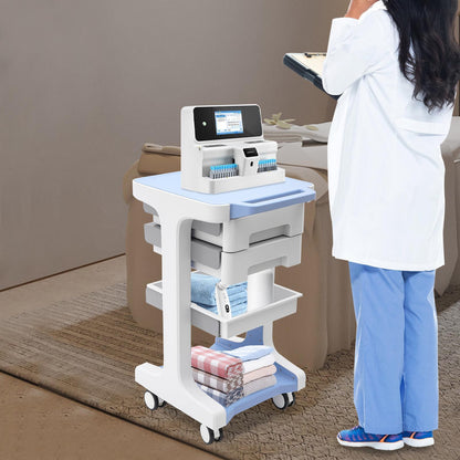 A Three-Tier Storage Cart in Blue And White Featuring Two Drawers, Capable of Holding Up to 49.9 KG. Made from ABS Material, This Mobile Trolley Is Ideal for Use in Beauty Salons, Spas, And Laboratories., For Wardrobes, Pharm