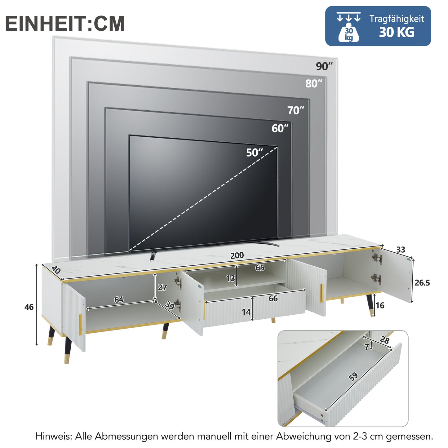 BTM Tv-Lowboard 200×40×46 Cm, Modern TV Board in White with Marble Optic, TV Table / TV Cabinet / TV Furniture for Tvs Up to 90 Inches, Living Room Furniture with Doors, Drawer & Open Shelf