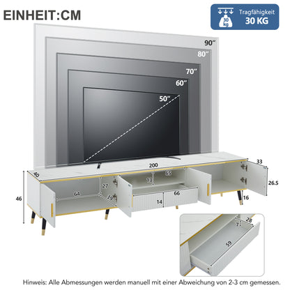 BTM Tv-Lowboard 200×40×46 Cm, Modern TV Board in White with Marble Optic, TV Table / TV Cabinet / TV Furniture for Tvs Up to 90 Inches, Living Room Furniture with Doors, Drawer & Open Shelf