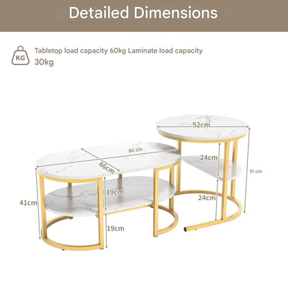 Salontafel – Bijzettafel – Woonkamertafel – Koffietafel – Tafel – 2-in-1 Set – Gouden Metalen Frame – Kunstmarmeren Blad