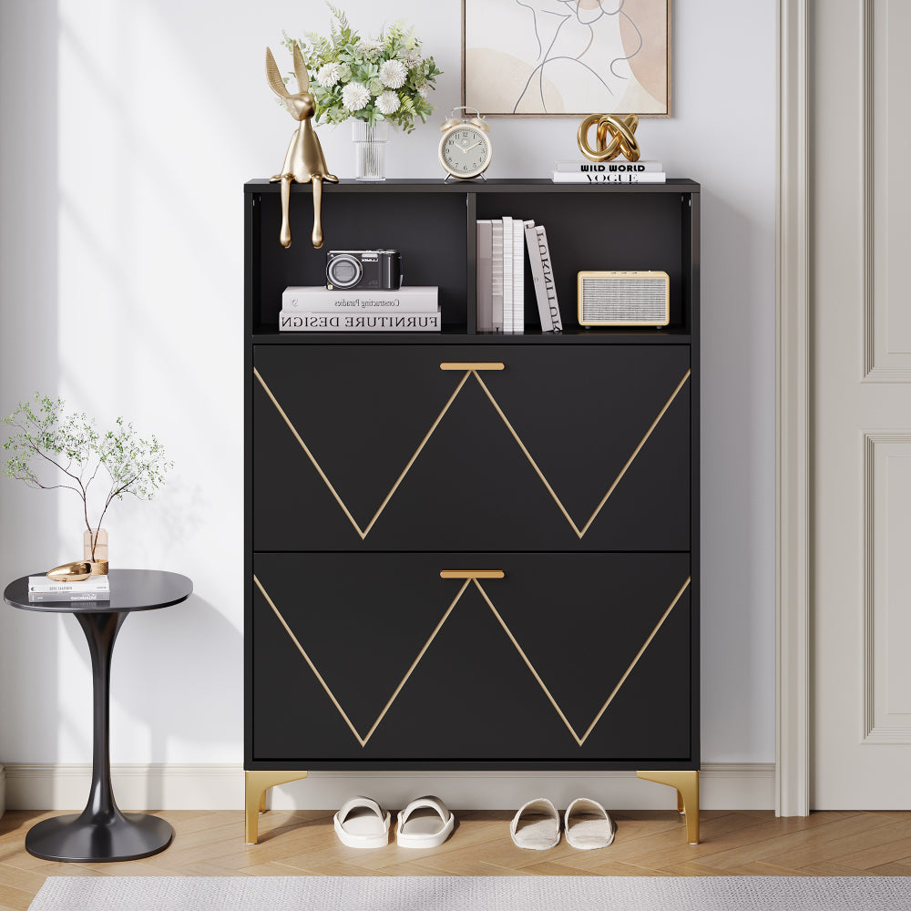 Schoenenkast – Schoenenrek – Schoenenopberger – Halmeubel – Schoenenbankje – Ruimtebesparend – 2 Klapdeuren met 4 Vakken – Duurzaam Niet-Houten Materiaal – Modern Zwart-Wit – 80x25x117 cm