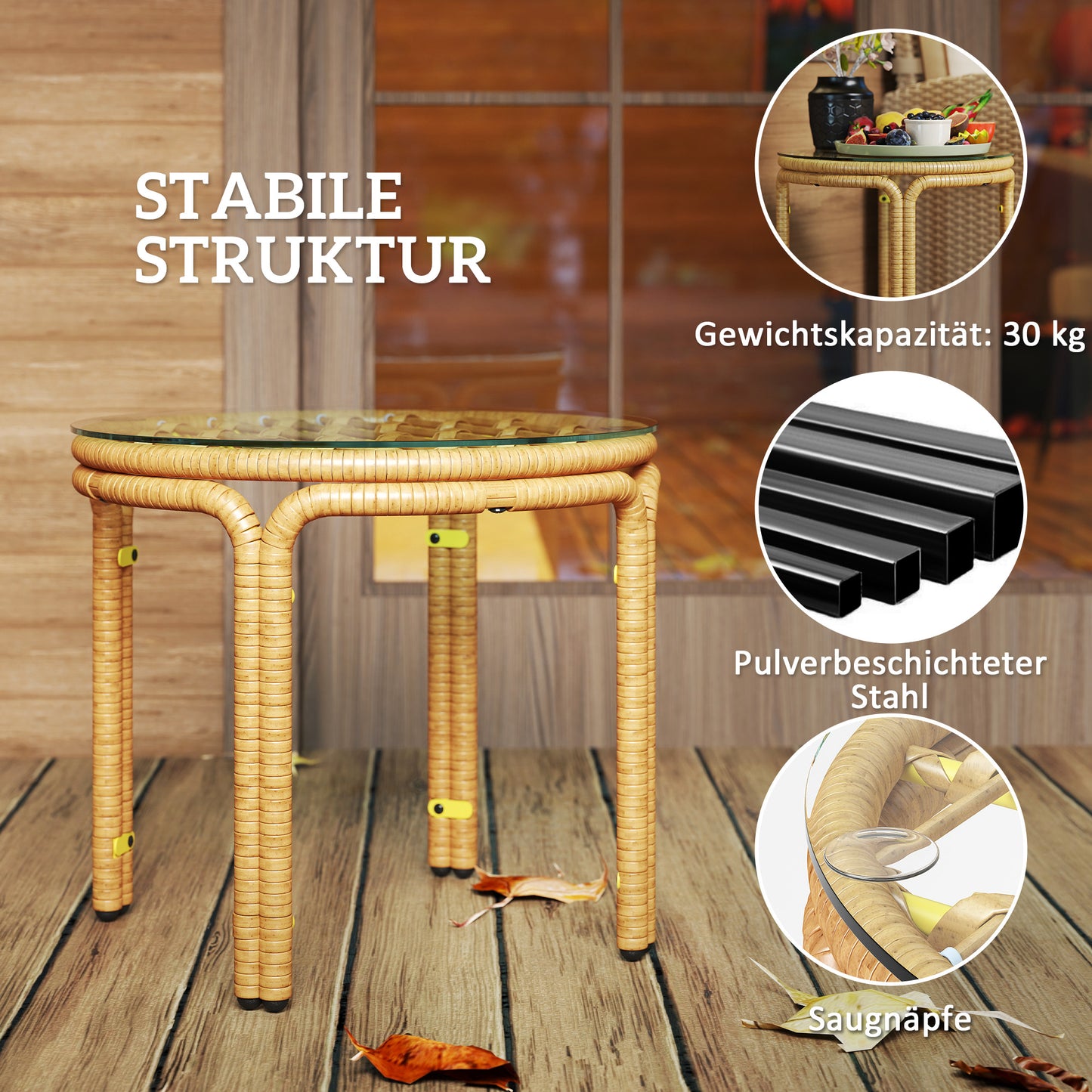 Bijzettafel – Bijzettafeltje – Nachtkastje – Salontafel – Side Table – Ronde Polyrattan Tafel – Veiligheidsglas – 50 cm Ø – Geel
