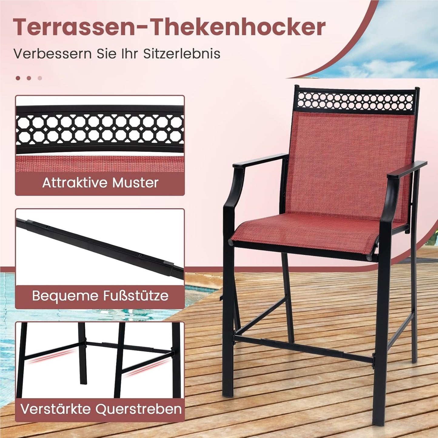 Tuinstoelen – Terrasstoelen – Balkonstoelen – Hoge Stoelen – Ligstoelen – Metalen Frame – Sneldrogende Ademend Zitting – Max. 180 kg Belastbaar – Rood