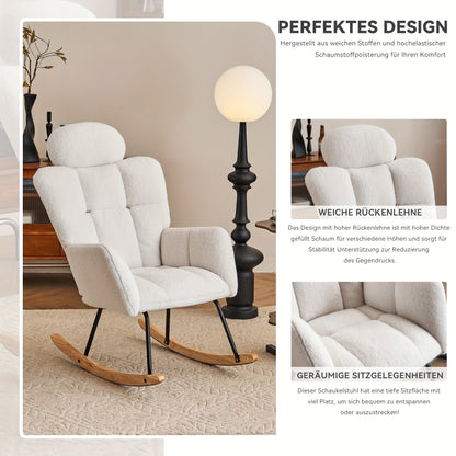 Draaifauteuil – Fauteuil – Relaxstoel – Schommelstoel – Lounge Chair – Wit – Zachte Teddy Bekleding – Massief Houten Frame