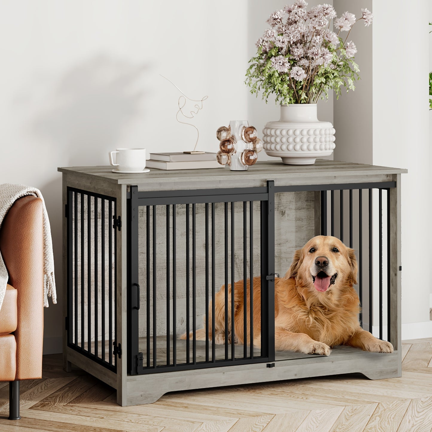 Hondenbench – Hondenkooi – Hondenhok – Transportbench – Bench – Groot 100 cm – Stevig hout en staal – Dubbele deuren met schuifdeur – Bijtvast en ontsnappingsvrij design