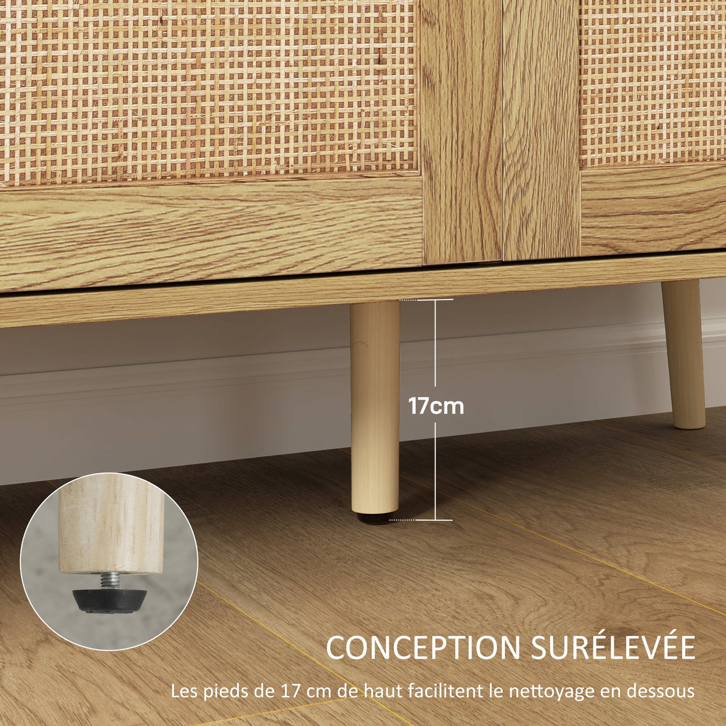 Buffet – Dressoir – Opbergkast – Ladekast – Wandmeubel – Natuurlijk Hout – Rotan Deuren – Verstelbare Planken – 120x40x75 cm