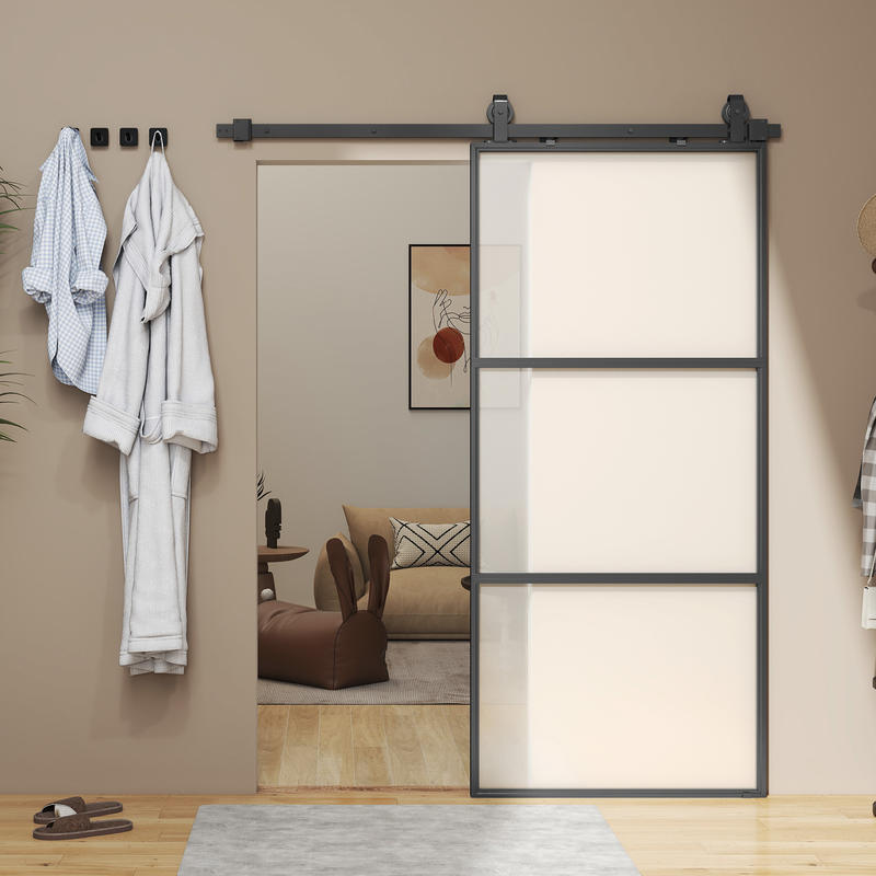 Schuifdeur – Schuifdeursysteem – Binnendeur – Kastenpaneel – Ruimtescheider – Matglas Privacy – Soft-Close Mechanisme – Stalen Zwart Frame – Eenvoudige Montage – Ruimtebesparend Design