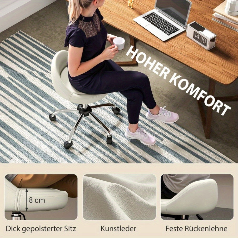 Krukje – Kruk – Werkkruk – Draaikruk – Zitkruk – Verstelbaar 63-83 cm – 360° Draaibaar Met Wieltjes – Wit Kunstleer