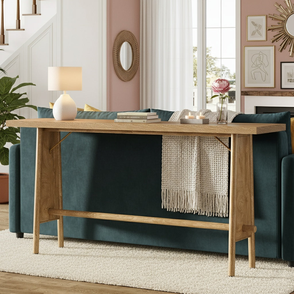 Sidetable – Consoletafel – Wandtafel – Haltafel – Bijzettafel – Extra Lang 160 cm – Metalen Stevige Poten – Ruimtebesparend Smal Design – Natuurlijke Bruine Afwerking