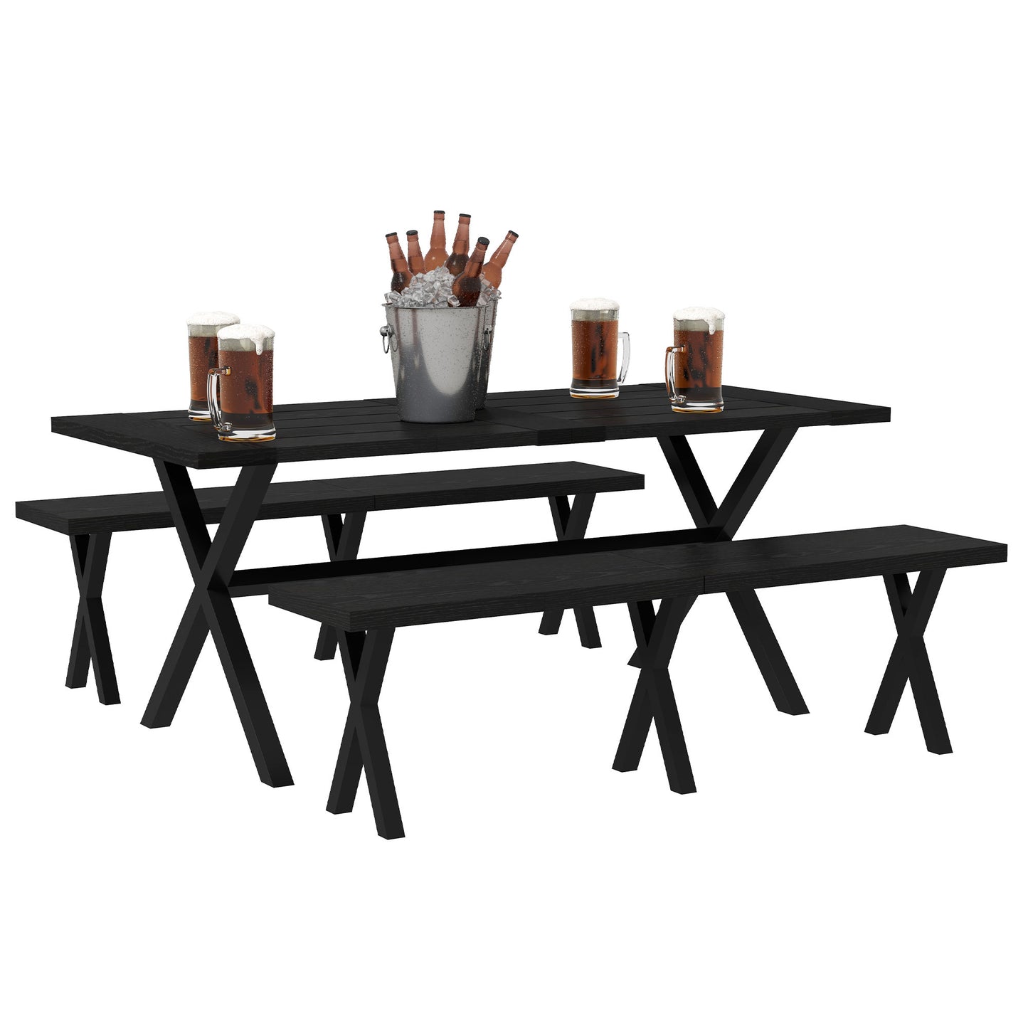Picknicktafel – Bierbank – Tuinset – Tafel met Bankjes – Aluminium Tafelblad – Stalen Banken – Parasolgat – Weerbestendig – 180x80x73 cm – Zwart