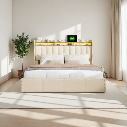 Bed – Bedframe – Slaapbed – Opbergbed – Boxspring – Gestoffeerd Met Velvet – 140x200 cm – LED Verlichting en USB Oplaadpoort