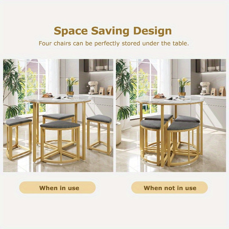 Eetkamertafel Set – Tafel Met Stoelen – Keukentafel Met Stoelen – Eetkamermeubel – Dining Set – Fluweel Beklede Stoelen – MDF Blad – Gouden Metalen Frame – Modern Design – Compact Voor Kleine Gezinnen
