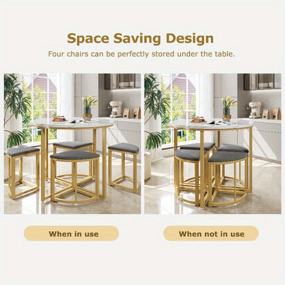 Eetkamertafel Set – Tafel Met Stoelen – Keukentafel Met Stoelen – Eetkamermeubel – Dining Set – Fluweel Beklede Stoelen – MDF Blad – Gouden Metalen Frame – Modern Design – Compact Voor Kleine Gezinnen