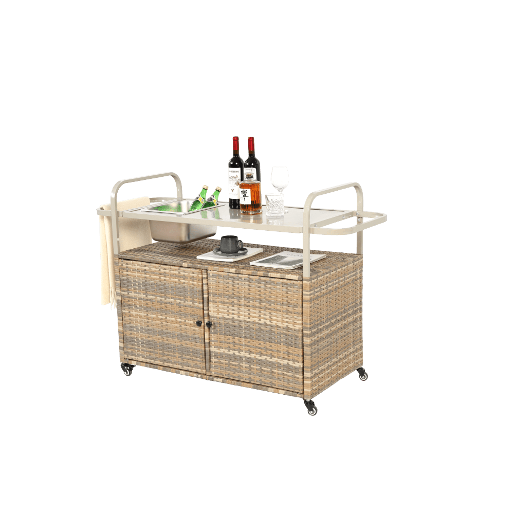 Wicker Bar Trolley – Barkaart – Serveerwagen – Buitenwagen – Tuinwagen – Beige Wicker – Met Metalen Tafelblad – Voorzien Van Vergrendelbare Wieltjes