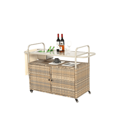 Wicker Bar Trolley – Barkaart – Serveerwagen – Buitenwagen – Tuinwagen – Beige Wicker – Met Metalen Tafelblad – Voorzien Van Vergrendelbare Wieltjes