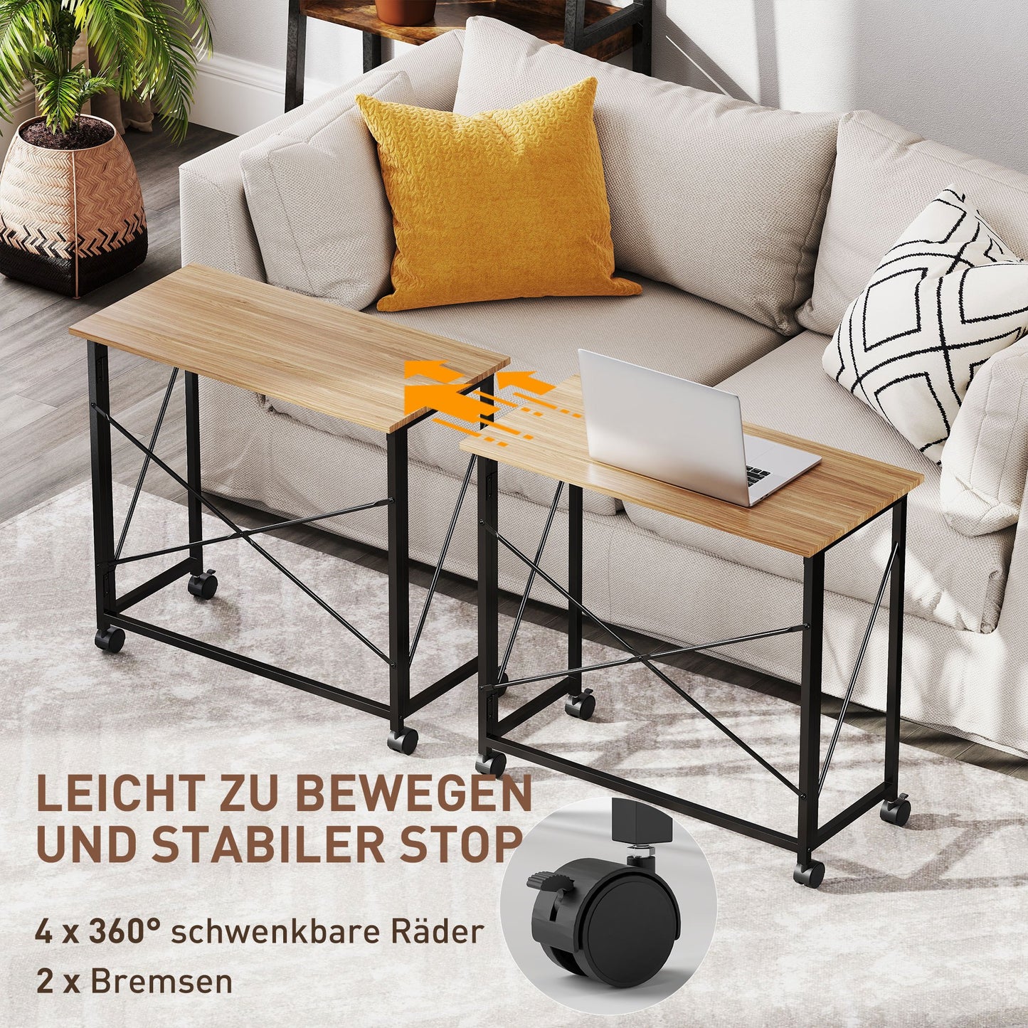 Inklapbaar Bureau – Vouwbureau – Werktafel – Laptoptafel – Mobiel Bureau – Eiken MDF Tafelblad – Stalen Frame – Wieltjes – Ruimtebesparend