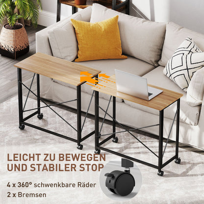 Inklapbaar Bureau – Vouwbureau – Werktafel – Laptoptafel – Mobiel Bureau – Eiken MDF Tafelblad – Stalen Frame – Wieltjes – Ruimtebesparend