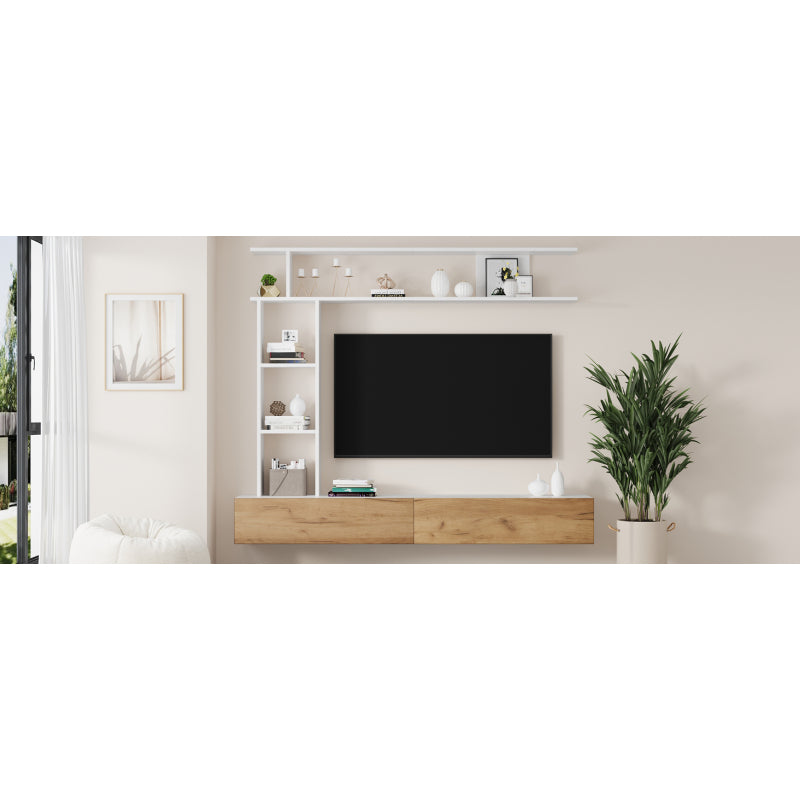 TV Meubelset – TV Meubel – Woonkamermeubel – Wandmeubel – Opbergkast – 180 cm breed – Wit en Hout – Geschikt tot 80 inch