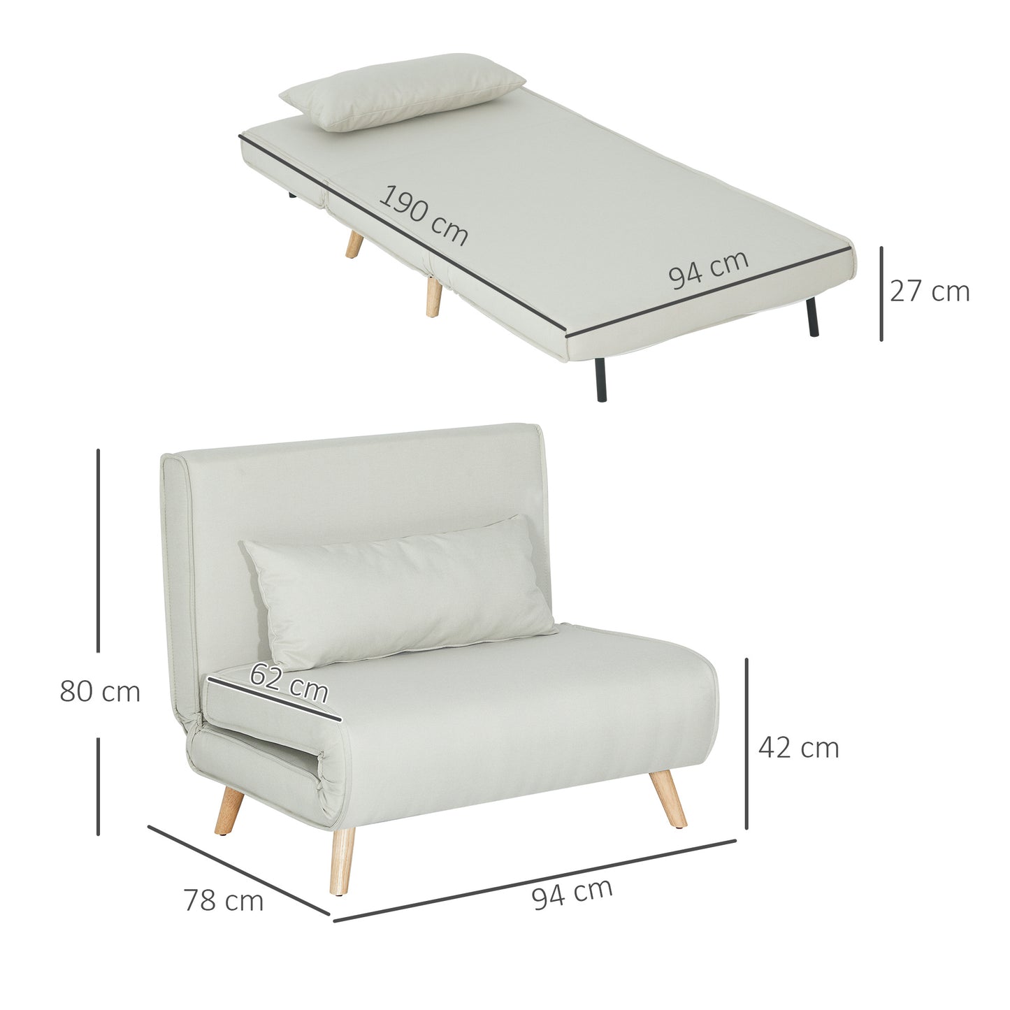 Slaapbank – 2-in-1 Slaapstoel – Bedbank – Loungestoel – Fauteuil – Verstelbare Rugleuning – Compact Formaat 94x78x80 cm – Scandinavisch Design Creme