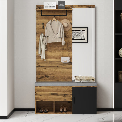 Houten Meubelset Hal – Kledingkast – Schoenenbank – Spiegel – Opbergkast – Hardhout Particleboard – Functioneel Zonder Stroom – Ruimtebesparend Design