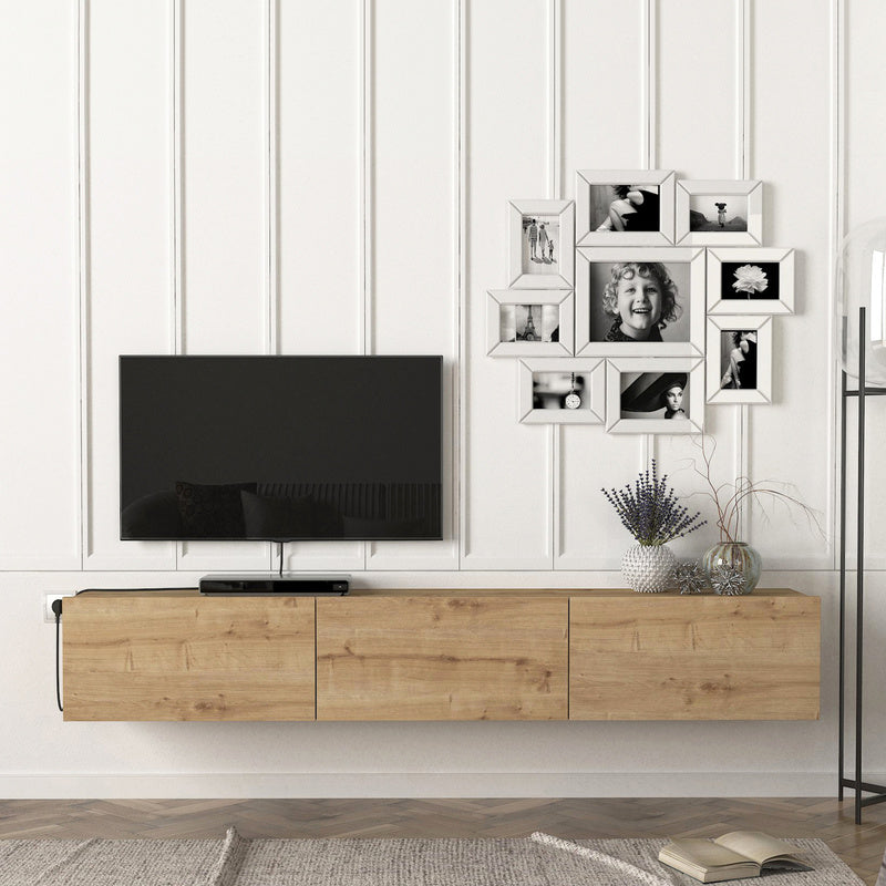 TV Meubel – TV Kast – TV Dressoir – Mediameubel – Hangend TV Meubel – Zwart & Eiken – 180x31x29,5 cm – 3 Opslagvakken