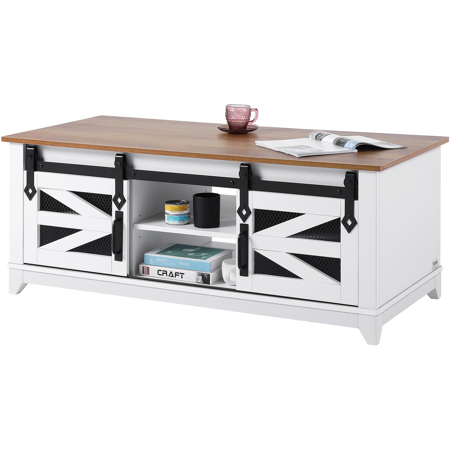 Salontafel – Koffietafel – Woonkamertafel – Bijzettafel – Tafel – 48 inch – Dubbel Blad Met Opbergruimte – Schuifdeuren Met Metalen Mesh
