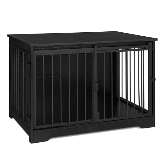 Houten Hondenbench – Hondenhok – Hondenkooi – Hondenbench Binnen – Hondenkennel – Zwarte Houten Bench – Dubbele Deuren – Verstevigd Slot