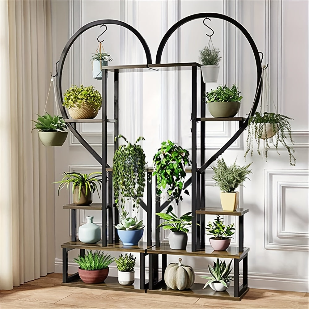Plantenrek – Plantenstandaard – Bloemenrek – Plantentafel – Plantenetagère – Set van 2 Hartvormige Standaards – MDF en Metaal – 6 Lagen