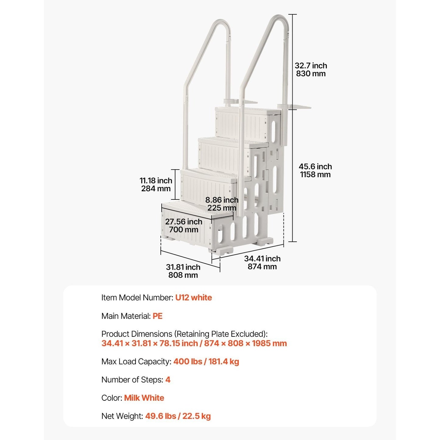 Zwembadtrap – Zwembadladder – Zwemtrap – Zwembad opstap – 4 treden met dubbele handgrepen – Draagvermogen 180 kg – Wit PE-plastic