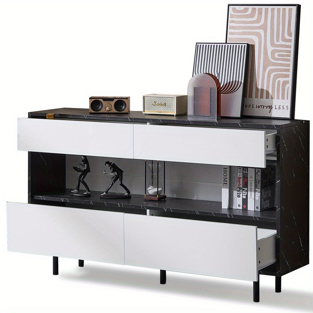 Dressoir – Buffetkast – Sideboard – Opbergkast – Commode – Wit Zwart – Marmerlook Blad – Stabiel Metalen Frame – 150x35x89,5 cm – 4 Laden + Open Plank