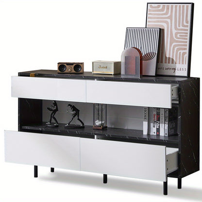 Dressoir – Buffetkast – Sideboard – Opbergkast – Commode – Wit Zwart – Marmerlook Blad – Stabiel Metalen Frame – 150x35x89,5 cm – 4 Laden + Open Plank