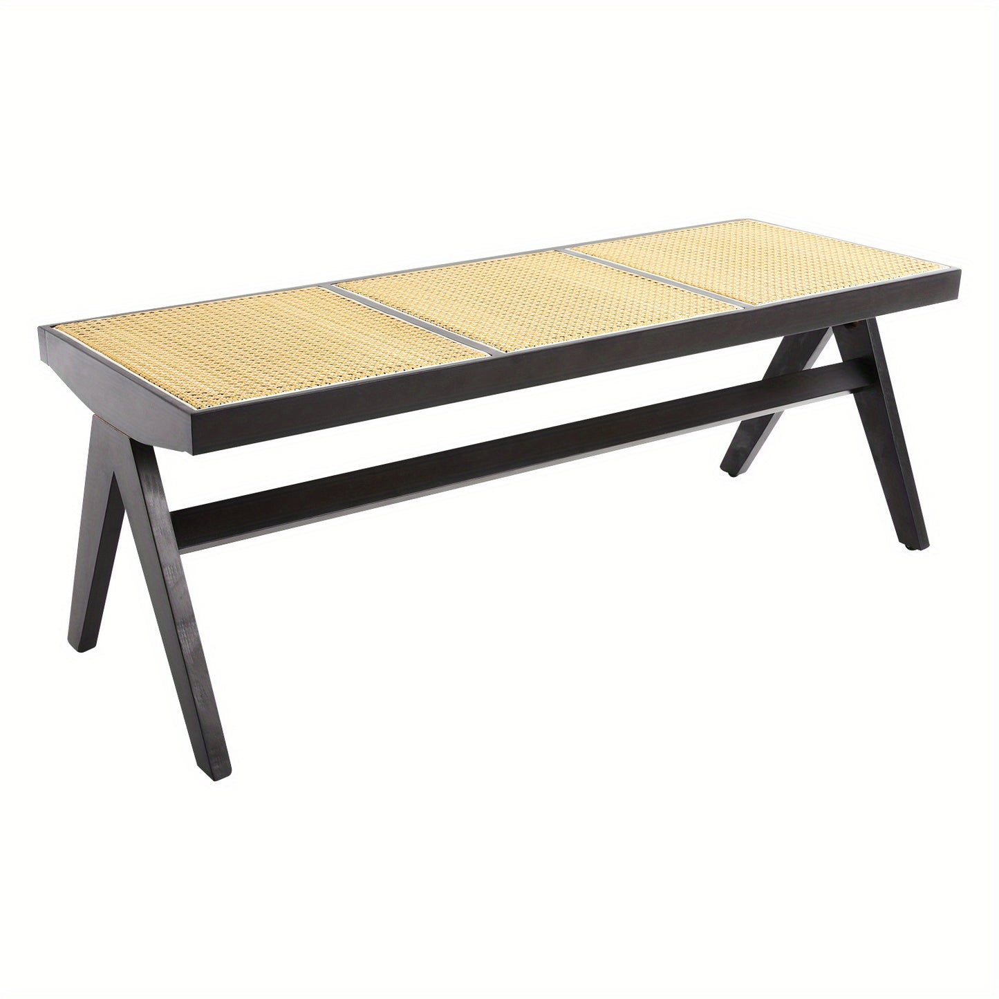 Modern Wicker 3-Seater Entryway Bench with Shoe Storage - Black Rattan Contemporary Low-Profile Furniture, Space-Saving for 3 People, Easy Assembly, Compact for Hallway, Porch, - Stands Alone, No Baseboard Mounting Required