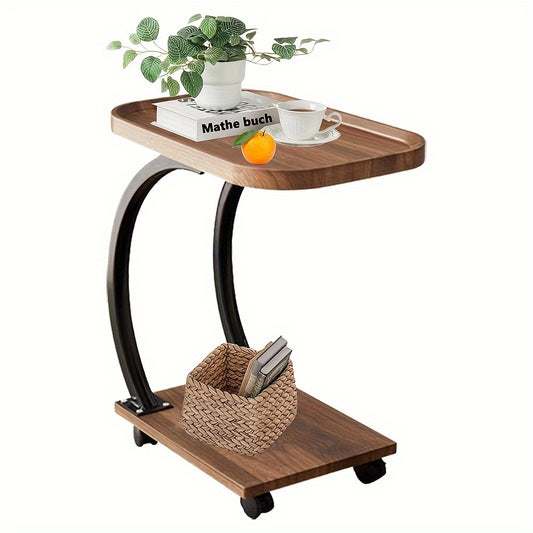 Bijzettafel – Salontafel – Nachtkastje – Laptoptafel – Banktafel – Vintage C-vorm – 2 Opbergplanken – Wieltjes – Hardhouten Blad – Metaal Frame – 52x34x60 cm – Makkelijk Te Verplaatsen – Stevig en Duurzaam