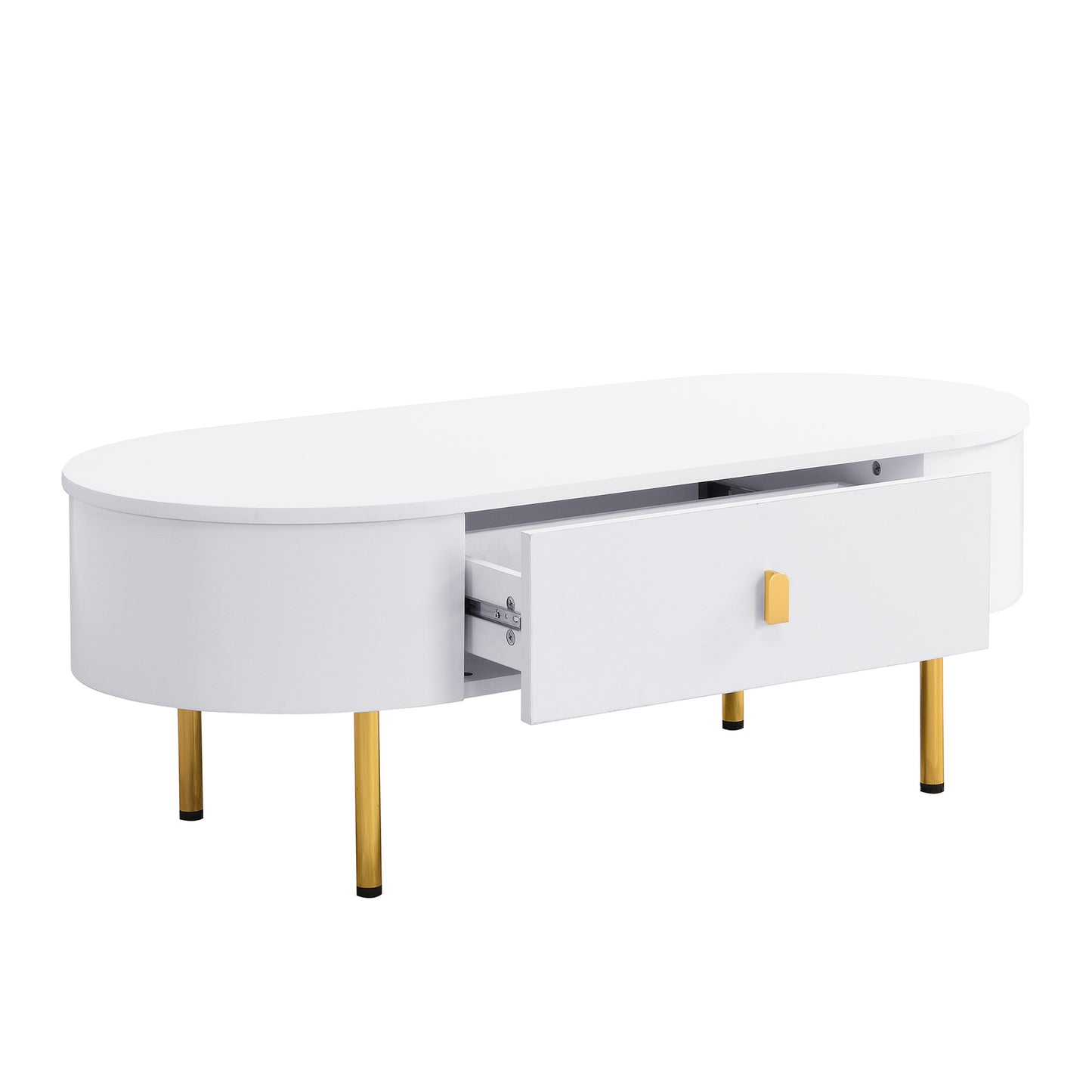 Salontafel Ovaal – Woonkamer Tafel – Koffietafel – Bijzettafel – Wit Met Gouden Details – 2 Opberglades – Afgeronde Hoeken – MDF 108 cm