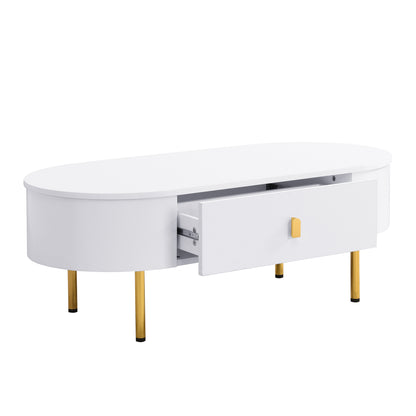 Salontafel Ovaal – Woonkamer Tafel – Koffietafel – Bijzettafel – Wit Met Gouden Details – 2 Opberglades – Afgeronde Hoeken – MDF 108 cm