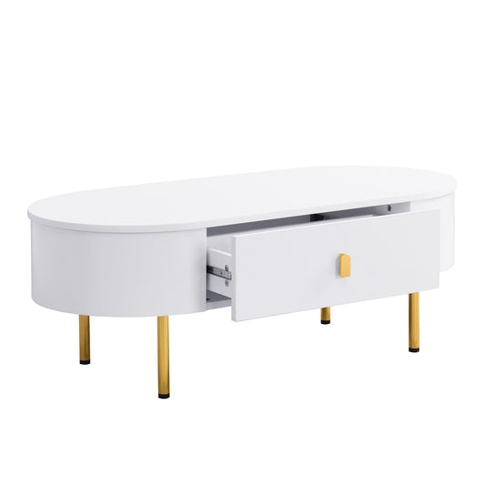 Salontafel Ovaal – Woonkamer Tafel – Koffietafel – Bijzettafel – Wit Met Gouden Details – 2 Opberglades – Afgeronde Hoeken – MDF 108 cm