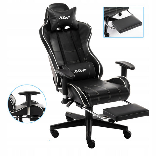 Gamestoel – Gaming Stoel – Gaming Chair – Game Stoel – Bureaustoel – Ergonomische Lendensteun – Verstelbare Hoge Rugleuning – PU Leer – Met Voetensteun – Zwart Wit
