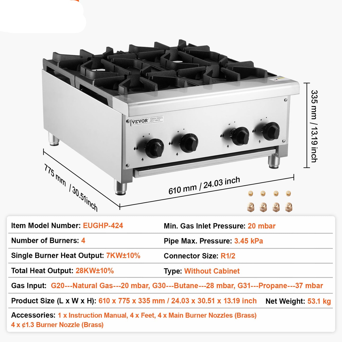 Gasstel – Gasfornuis – Gaskookplaat – Kooktoestel – Gasfornuis 4-pits – Roestvrij Staal – 28 kW Vermogen
