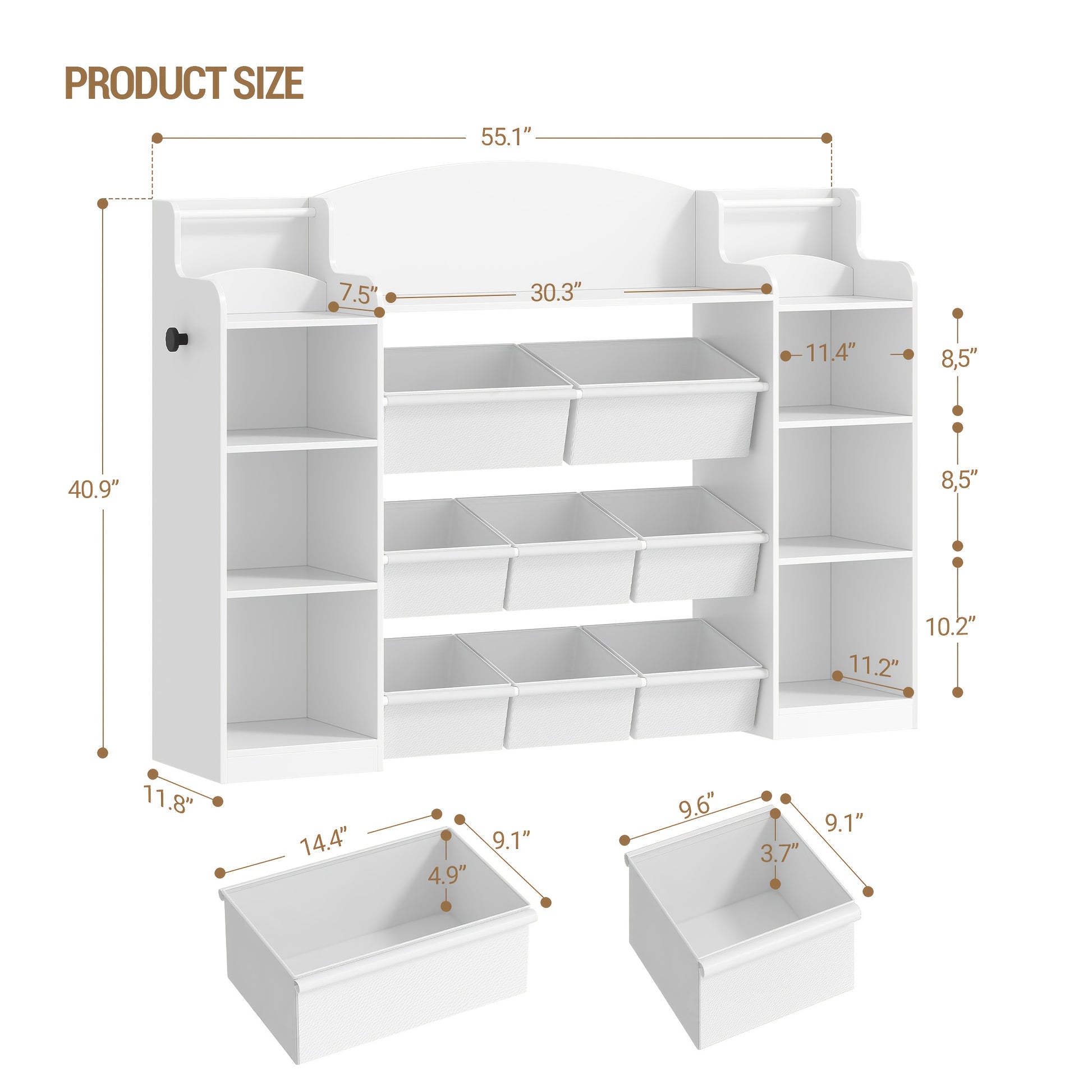 Wooden Bookcase and Toy Shelf with 8 Fabric Drawers | Freestanding, White, for 'S Room, Living Room, Study, 30 x 140 x 100 cm, Brand HZUANERI, Mounted Closet Systems - QUORE