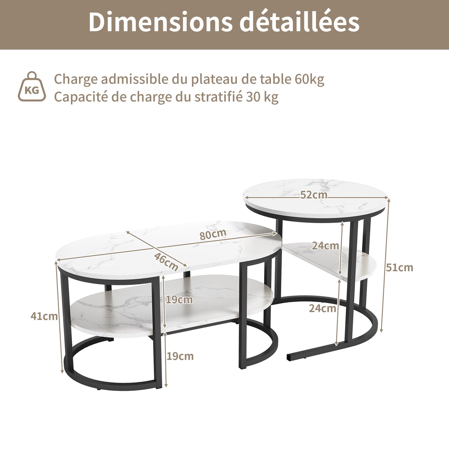 Ronde Salontafels – Bijzettafels – Snacktafels – Nesting Tafels – Zwart – Marmerlook – Compact Design – Stevig MDF Metalen Frame