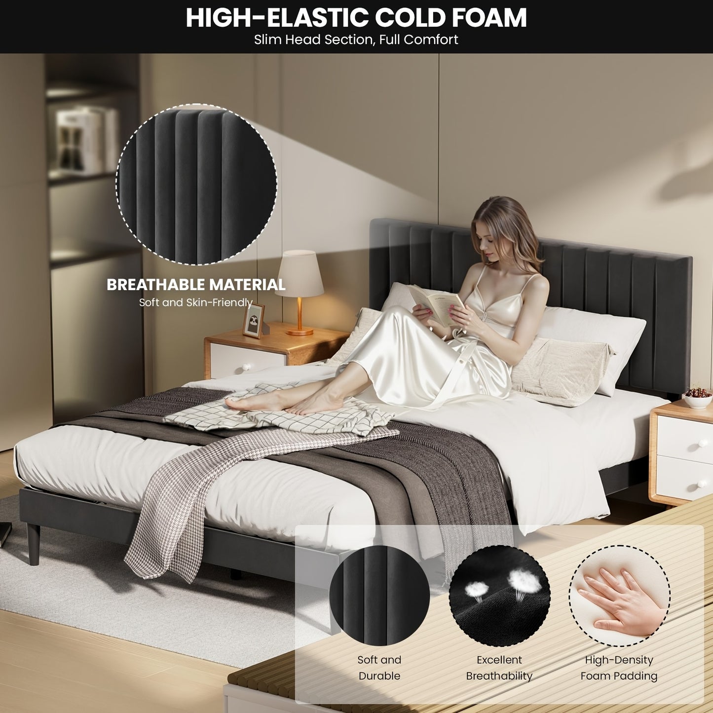 Gestoffeerd Bed – Bedframe – Slaapbed – Eenpersoonsbed – Tweepersoonsbed – 90x200 cm – Verstelbaar Hoofdbord – Draagkracht 480 kg