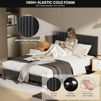 Bedframe – Gestoffeerd Bed – Tweepersoonsbed – Metalen Bed – Lattenbodem – Verstelbaar Hoofdbord – Stabiel Tot 480 kg – Zwart
