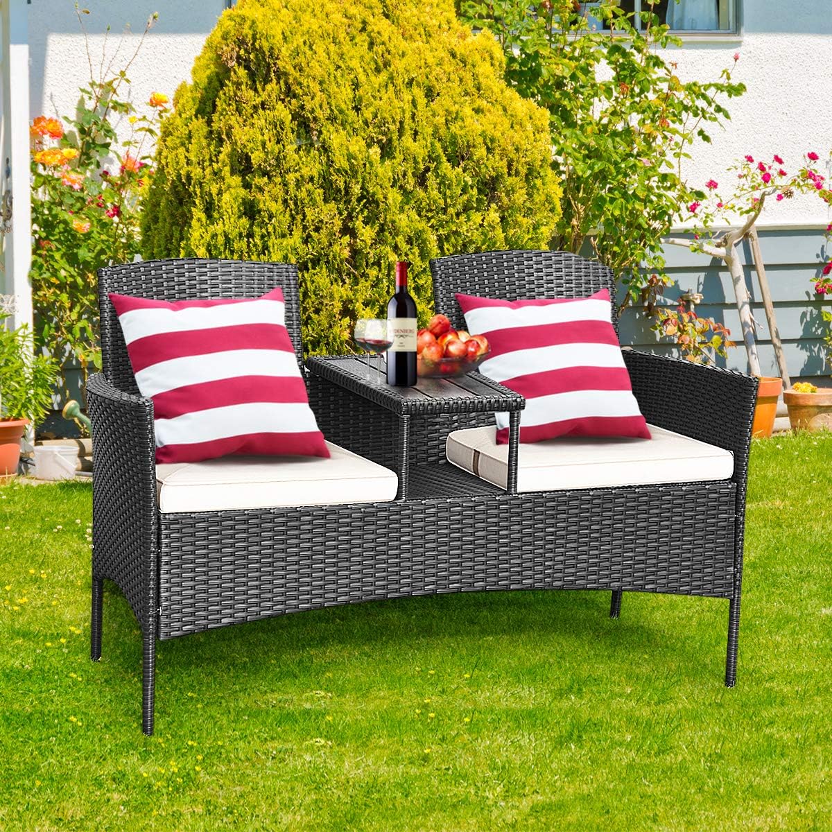 Tuinbank – 2-Persoons Bank – Balkonbank – Buitenbank – Rattan Bank – Inclusief Kussens – Weerbestendig PE-Rattan – Met Ingebouwde Tafel – Wit – 138x61x85 cm