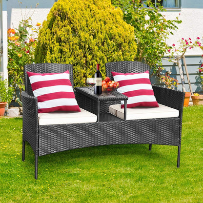 Tuinbank – 2-Persoons Bank – Balkonbank – Buitenbank – Rattan Bank – Inclusief Kussens – Weerbestendig PE-Rattan – Met Ingebouwde Tafel – Wit – 138x61x85 cm